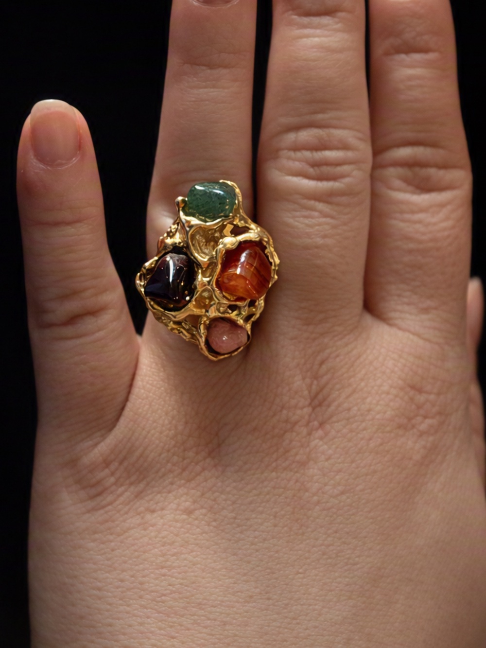 5/$25 Adjustable Multi-Stone Gold Statement Ring - Green, Amber, Pink, Black